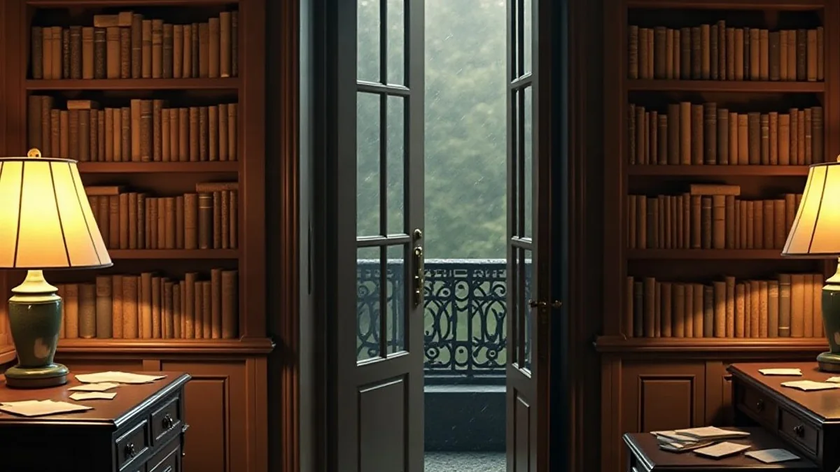 Bibliothek im Herrenhaus, Bücherwände im Lampenlicht