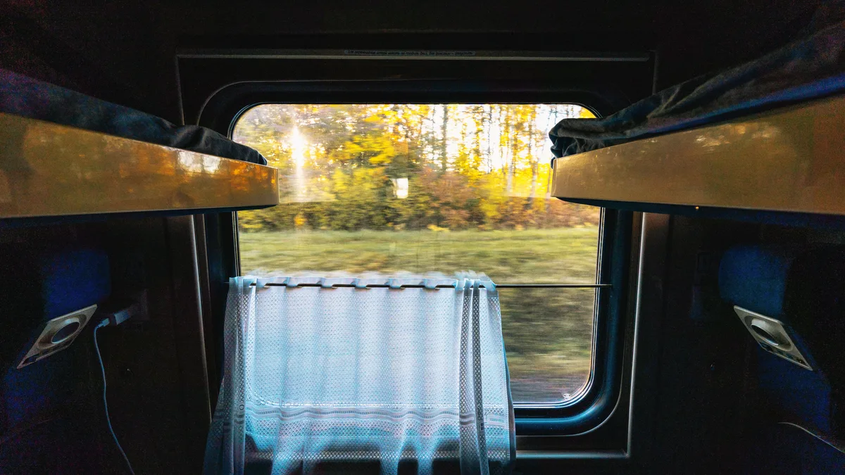 Blick aus einem abgedunkelten Zugabteil durch das Fenster auf herbstlich gelb gefärbte Bäume