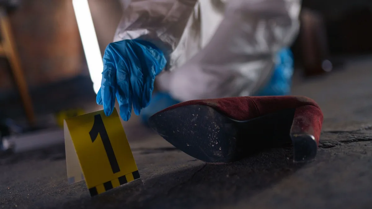 Eine Hand im blauen Einweghandschuh neben einer gelben Spurentafel mit der Nummer 1 und einem roten Schuh auf dunklem Boden, dahinter ein weißer Schutzanzug